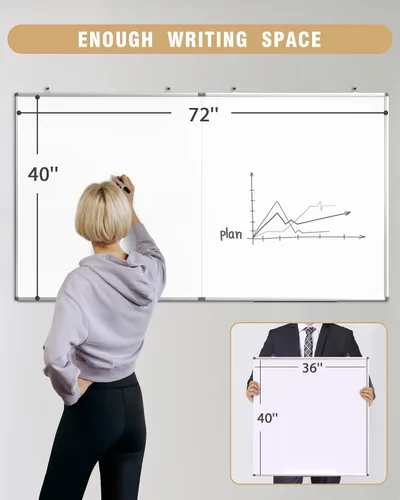 Miniatura 6 de Pizarra blanca magnética grande de borrado en seco de 72" x 40", tablero removible para colgar en la pared con 4 marcadores y 1 borrador seco y 6