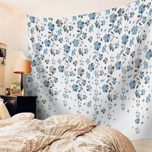 Miniatura 3 de Tapiz para colgar en la pared, tapices florales azules y grises, tapiz estético de flores de primavera para dormitorio, sala de estar, dormitorio