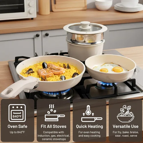 Miniatura 6 de Kikcoin - Juego de ollas y sartenes de cerámica antiadherente - Juego de utensilios de cocina con mango desmontable - Juego de cocina apilable de 25