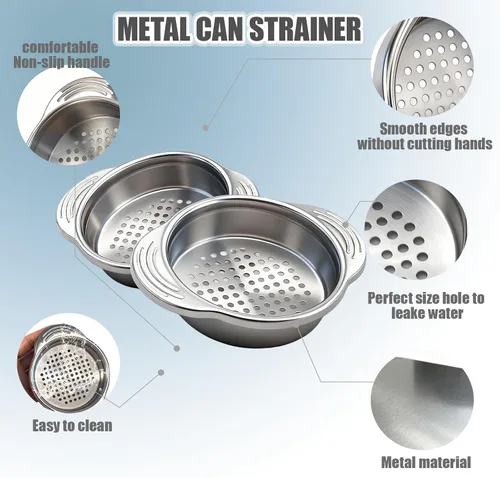 Miniatura 6 de Colador de latas de atún de acero inoxidable, 2 piezas, colador de enlatado de grado alimenticio para latas regulares y de cuello ancho, prensa