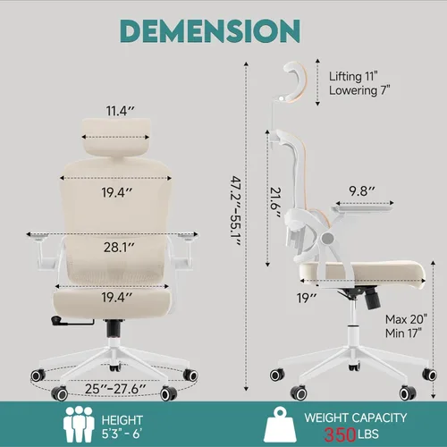 Miniatura 2 de Ergonomic Office Desk Chair, 90°-125° Tilt Back Home Desk Chair with 360° Swivel & Mute Wheels, High Back Mesh Computer Chair for Adults with Lumbar