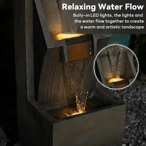 Miniatura 7 de Fuente de agua moderna de 3 niveles para interior/exterior de 35" de alto con luces LED y bomba, cascada en cascada independiente al aire libre
