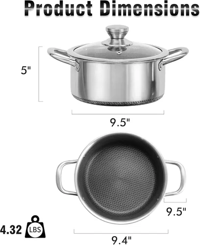 Miniatura 2 de AuFranc™ Olla híbrida antiadherente de acero inoxidable de 6 cuartos de galón con tapa de vidrio, olla de inducción con tallado de panal, olla