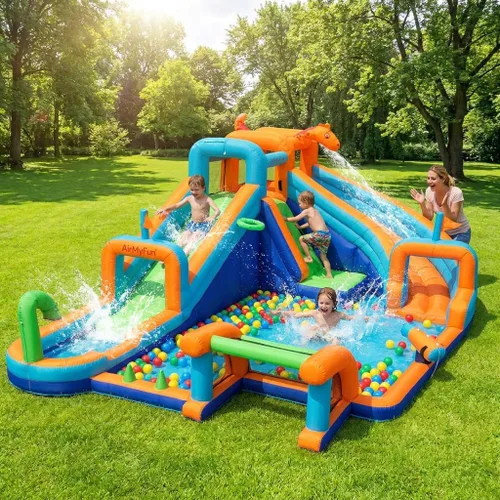 AirMyFun Casa inflable de dinosaurio, tobogán acuático inflable de 2 toboganes para niños con pared de escalada, pozo de pelotas y portería de