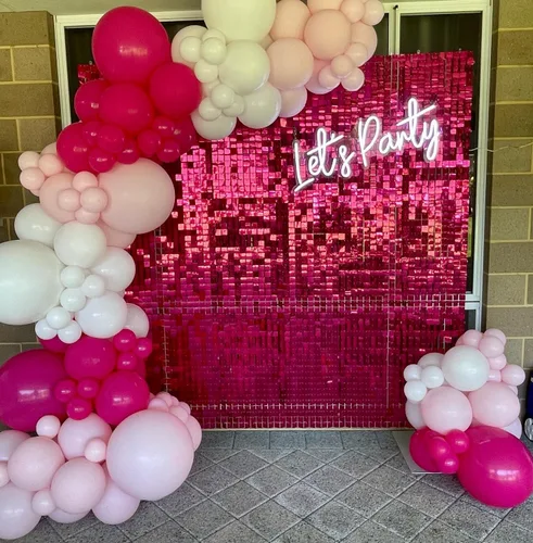 Miniatura 2 de Telón de fondo de pared brillante color rosa intenso, 12 piezas de lentejuelas cuadradas brillantes decoración de fondo de pared para fiesta