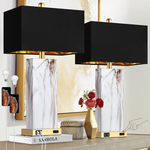 Miniatura 9 de Juego de 2 lámparas de mesa con control táctil, modernas lámparas de noche de cerámica con 2 puertos USB y 1 enchufe de CA, lámparas de mesita de 3