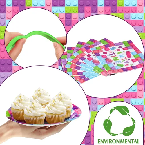 Miniatura 7 de Gejoy 96 piezas de suministros para fiesta de cumpleaños de bloques de construcción, incluye platos de fiesta de ladrillo de 7 pulgadas y 9