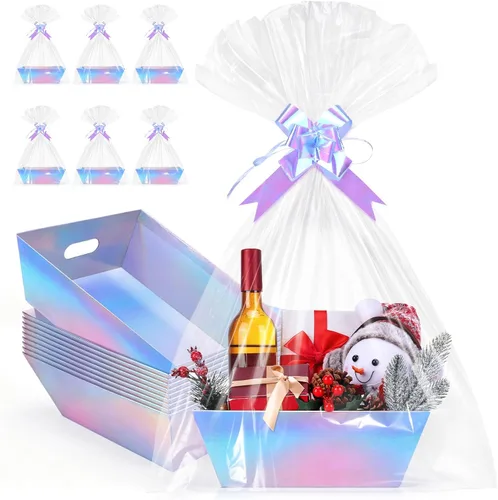 Miniatura 19 de AFOROEOA Paquete de 10 cestas vacías para regalos, cesta de regalo de papel kraft de 10 x 12 pulgadas de grosor con 10 lazos, 10 bolsas vacías