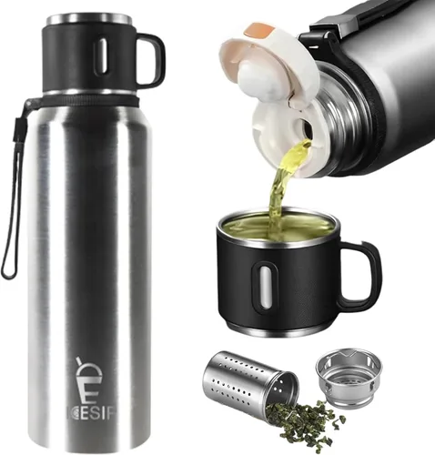 Miniatura 25 de Botella aislada de acero inoxidable, 20 onzas con taza, botella de agua aislada al vacío, termo para bebidas calientes/bebidas frías, viaje con Verde
