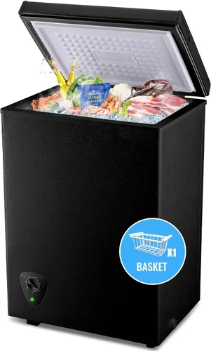 WANAI Congelador Profundo Negro Congeladores de Cofre Pequeños con Canasta de Almacenamiento Puerta Superior Abierta Mini Congelador Compacto 7