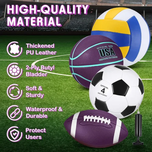Miniatura 3 de HyDren Juego de 4 pelotas deportivas de tamaño oficial para baloncesto, balón de fútbol, voleibol, con bolsa de transporte y inflador, regalo