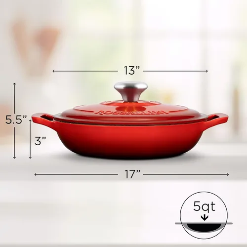 Miniatura 2 de ROSSALLINI Signature - Cacerola de hierro fundido esmaltado con tapa de ajuste hermético, olla de servir antiadherente para asado, horneado, Rojo