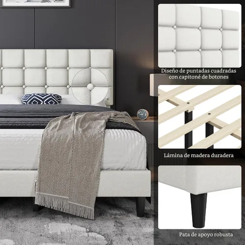 Miniatura 4 de Yaheetech Marco de Cama Tapizado, Plataforma de Cama Queen Moderna con Cabecera de Capitoné con Costuras Cuadradas y Botones, Altura Ajustable, Beige