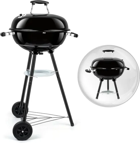 Leonyo - Parrilla de carbón portátil de 18 pulgadas, ahumador redondo con ruedas y tapa esmaltada de porcelana para cocinar al aire libre,