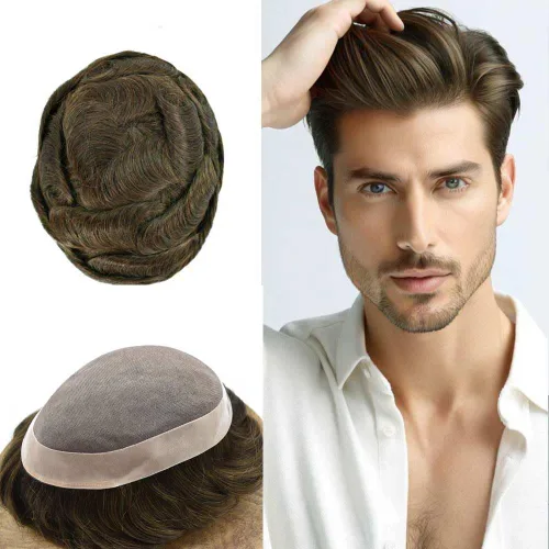 Miniatura 51 de Tupé para hombre, pieza de cabello humano real, monofilamento, tupé para hombres, postizos, unidades de sistema de reemplazo de cabello, gris