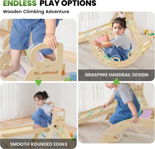 Miniatura 3 de BlueWood Pikler - Juego de triángulos 7 en 1 plegables, juguetes de escalada Montessori de madera con arco y rampa y escalera, escalador para bebés