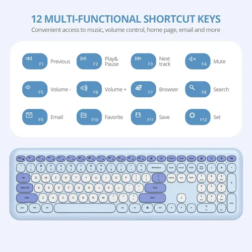 Miniatura 2 de Combo de teclado y mouse inalámbricos de 104 teclas, tamaño completo, color azul con teclas redondas silenciosas, ideal para portátiles y Azul blanco