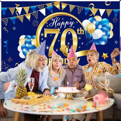 Miniatura 5 de Decoración de Telón de Fondo de Cumpleaños Feliz 70 para Hombres, Fondo de Cumpleaños 70 Azul Dorado, Suministros de Fiesta, Cartel de Fondo de Foto