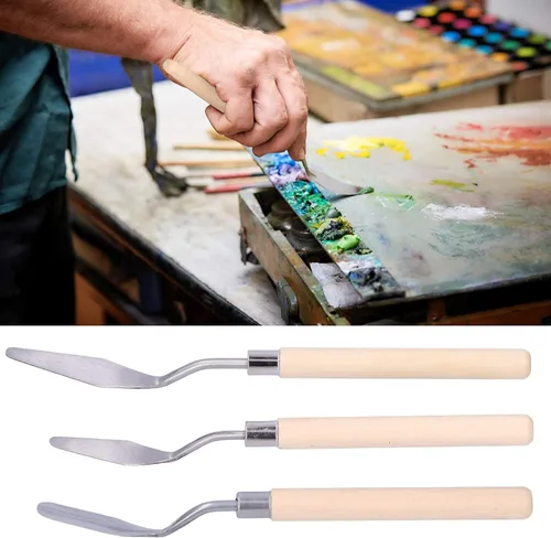 Miniatura 5 de Juego de cuchillos de paleta, 3 unids mango de madera pintura al óleo raspador cuchillo de paleta mango de madera pintura cuchillo conjunto