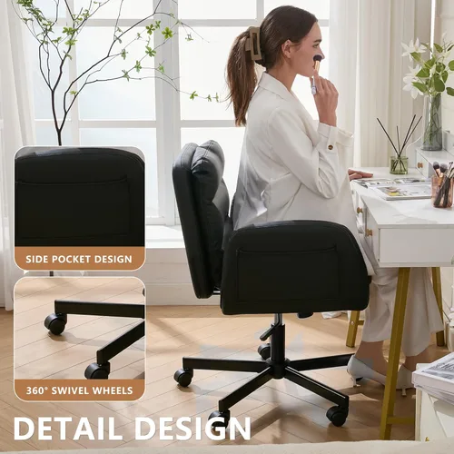 Miniatura 9 de Silla cruzada con brazos abatibles y ruedas giratorias, silla de tocador con altura ajustable y bolsillos laterales, cómodo asiento ancho Negro