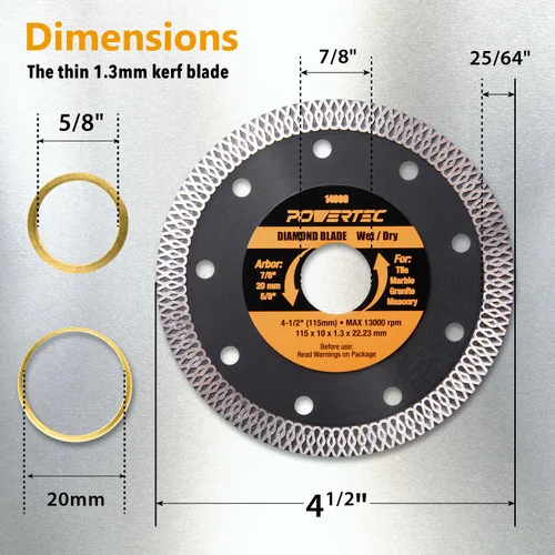 Miniatura 3 de POWERTEC Hojas de sierra de diamante de 4-1/2 pulgadas para amoladora angular, paquete de 5, borde de malla turbo súper fino para cortar porcelana