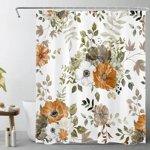 Miniatura 9 de LB Cortina de ducha floral de otoño, flores silvestres blancas y naranjas y hojas de arce gris sobre tela beige con ganchos, juego de baño botánico