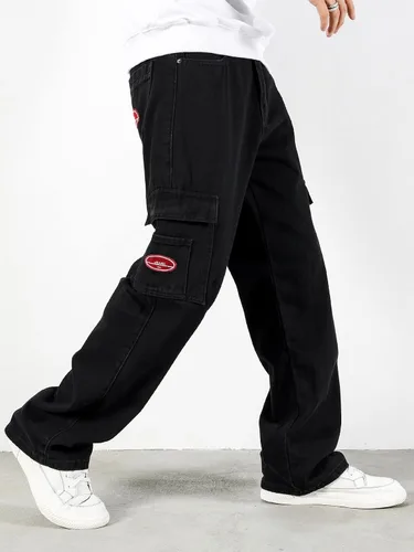 Miniatura 3 de OYOANGLE Pantalones de mezclilla holgados para hombre pierna recta con solapa bolsillo