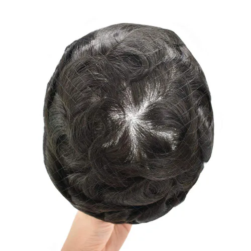 Miniatura 60 de Peluca de repuesto de cabello natural de poliuretano con encaje frontal para hombre (7x9 pulgadas, densidad de luz, 1B40# negro natural con 40% gris)