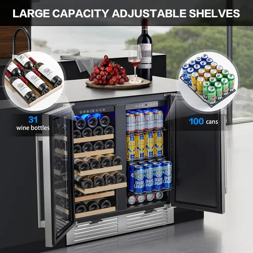 Miniatura 2 de BODEGA Refrigerador de vino y bebidas independiente de 30 pulgadas. Refrigerador de vino de acero inoxidable de doble zona bajo mostrador, enfriador