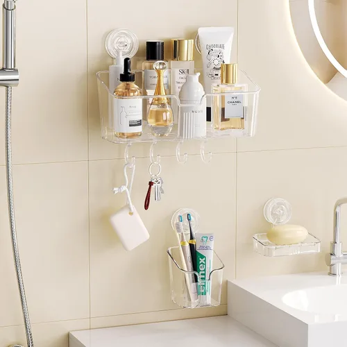 Miniatura 8 de LUXEAR Organizador de ducha con ventosa transparente – organizador de ducha + jabonera+soporte para cepillo de dientes – 1 segundo instalación sin