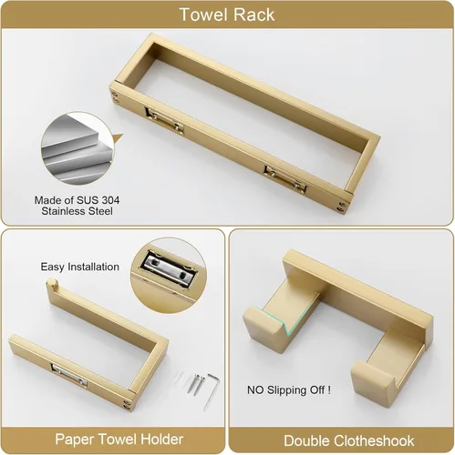 Miniatura 5 de Juego de 3 piezas de accesorios de baño de oro cepillado, juego de toallero de acero inoxidable SUS304, soporte para toallas, gancho para bata