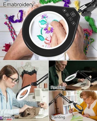 Miniatura 8 de Lupa 10X y 5X con luz LED, brazo oscilante ultra largo, 5 colores y 10 de brillo, lente de cristal real, lámpara de aumento grande para Blanco