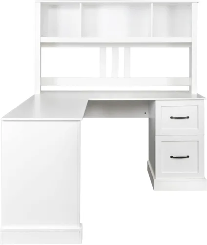 Miniatura 6 de Holaki Escritorio en forma de L, escritorio de computadora con cajones, estantería y gabinete, escritorio esquinero moderno, oficina en casa, mesa