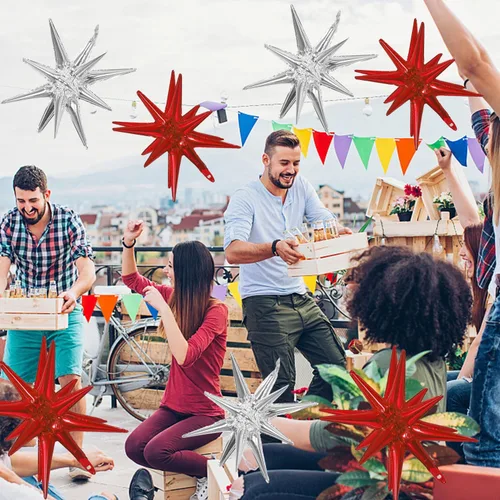 Miniatura 6 de 6 globos de papel de aluminio con forma de estrella plateada de una sola pieza, globo de estrella de 14 puntas 4D, cono de estrella en explosión