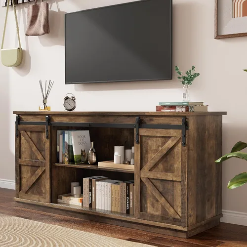 Miniatura 2 de YESHOMY - Soporte de TV para televisores de hasta 65 pulgadas, con puertas corredizas estilo granja y gabinetes de almacenamiento, mesa consola