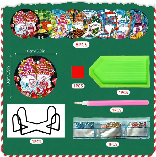 Miniatura 2 de Kit de 8 posavasos de pintura de diamante con soporte, posavasos de gnomo 5D de diamante, manualidades de arte de diamante, posavasos de diamante 8