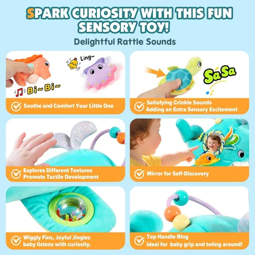 Miniatura 3 de FREYBLI Juguetes para bebés de 6 a 12 meses - Juguetes suaves de aventura oceánica con sonajero, papel crujiente, silbato, espejo - Juguetes Azul