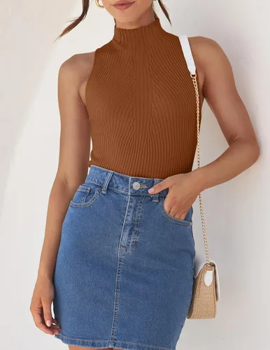 Miniatura 3 de ZESICA Camisetas sin mangas de verano para mujer, cuello de tortuga, de punto acanalado, ajustadas, básicas, casuales