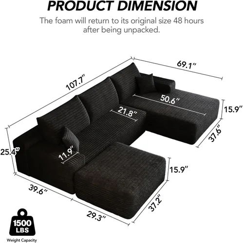 Miniatura 2 de Sofá modular sin hueso de 107.7 pulgadas, moderno sofá tapizado de pana en forma de U para sala de estar, asiento profundo con diván y otomana Negro