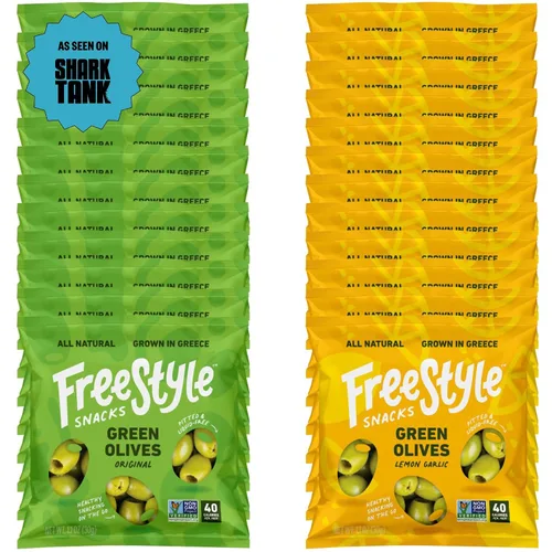 Paquetes de aperitivos de aceitunas Freestyle Snacks - Porción individual - Aceitunas verdes frescas sin hueso, tamaño jumbo, cultivadas en Grecia,