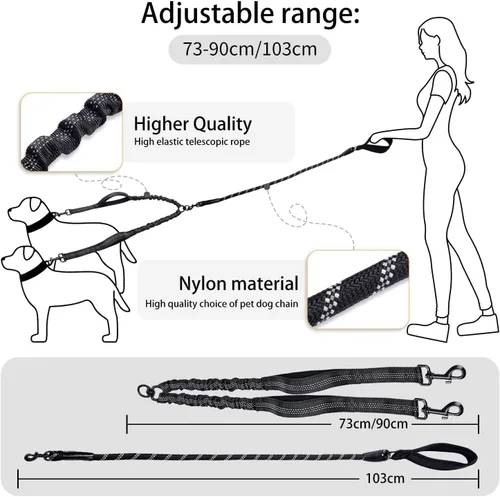 Miniatura 4 de Correa doble duradera para perros, correa para dos perros, sin enredos, con asas acolchadas y tiras reflectantes para perros medianos y grandes