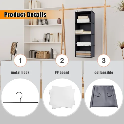 Miniatura 6 de Organizador colgante para armario, fácil de montar, estantes colgantes plegables con 4 compartimentos, para guardar ropa, bolsos, zapatos y Gris
