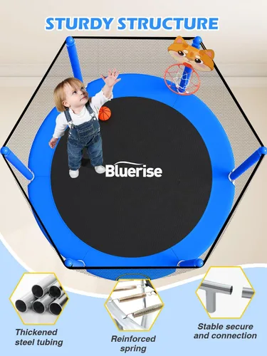 Miniatura 6 de Bluerise - Cama elástica de 55 pulgadas/6 pies, para niños, juego interior y exterior, con canasta de baloncesto para cama elástica, malla de Azul