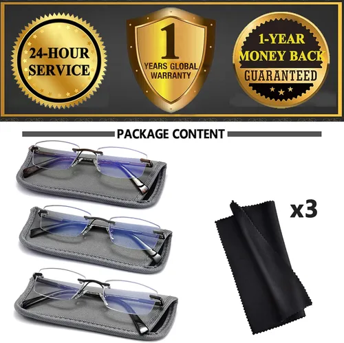 Miniatura 7 de Paquete de 3 lentes de lectura para hombre, bloqueo de luz azul, lectores de anteojos ligeros de metal sin montura para hombre, antifatiga ocular