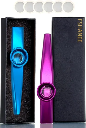 FSHANEE Paquete de 2 instrumentos musicales Kazoos (azul, morado) con 6 flautas de membrana de diafragma todo en una caja de regalo Azul y púrpura