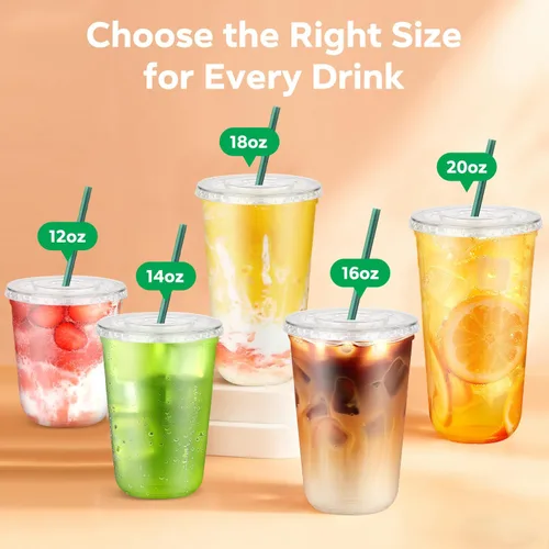 Miniatura 7 de 50 vasos de plástico transparente de 12 onzas con tapas y pajitas verde oscuro, fondo redondo desechables para llevar tazas de café helado, tazas