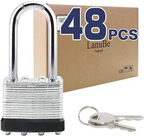 Miniatura 15 de LanuBe Candado laminado de 1-9/16 pulgadas (1.575 in) de largo grillete paquete de 2 llaves iguales, aro de plástico azul, cerraduras a granel