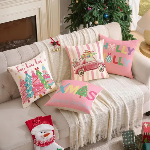 Miniatura 7 de Fundas de almohada de Navidad rosas 18x18 Juego de 4 fundas de almohada de Navidad, fundas de almohada de Navidad para sofá, sofá cama, silla