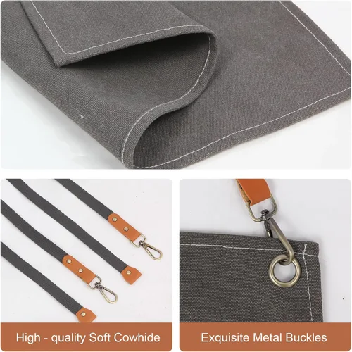 Miniatura 4 de Delantal de herramientas multifuncional para hombre, delantal de lona con múltiples bolsillos, soldadura, delantal de trabajo de carpintería, Gris