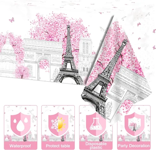 Miniatura 4 de ZOIIWA Decoración de fiesta temática de París, juego de platos y servilletas de papel de cumpleaños de Torre Eiffel, mantel desechable rosa